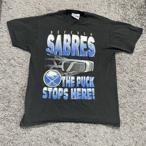 Vintage Buffalo Sabres Shirt Adult Medium Black Short Sleeve The Puck Stops Here